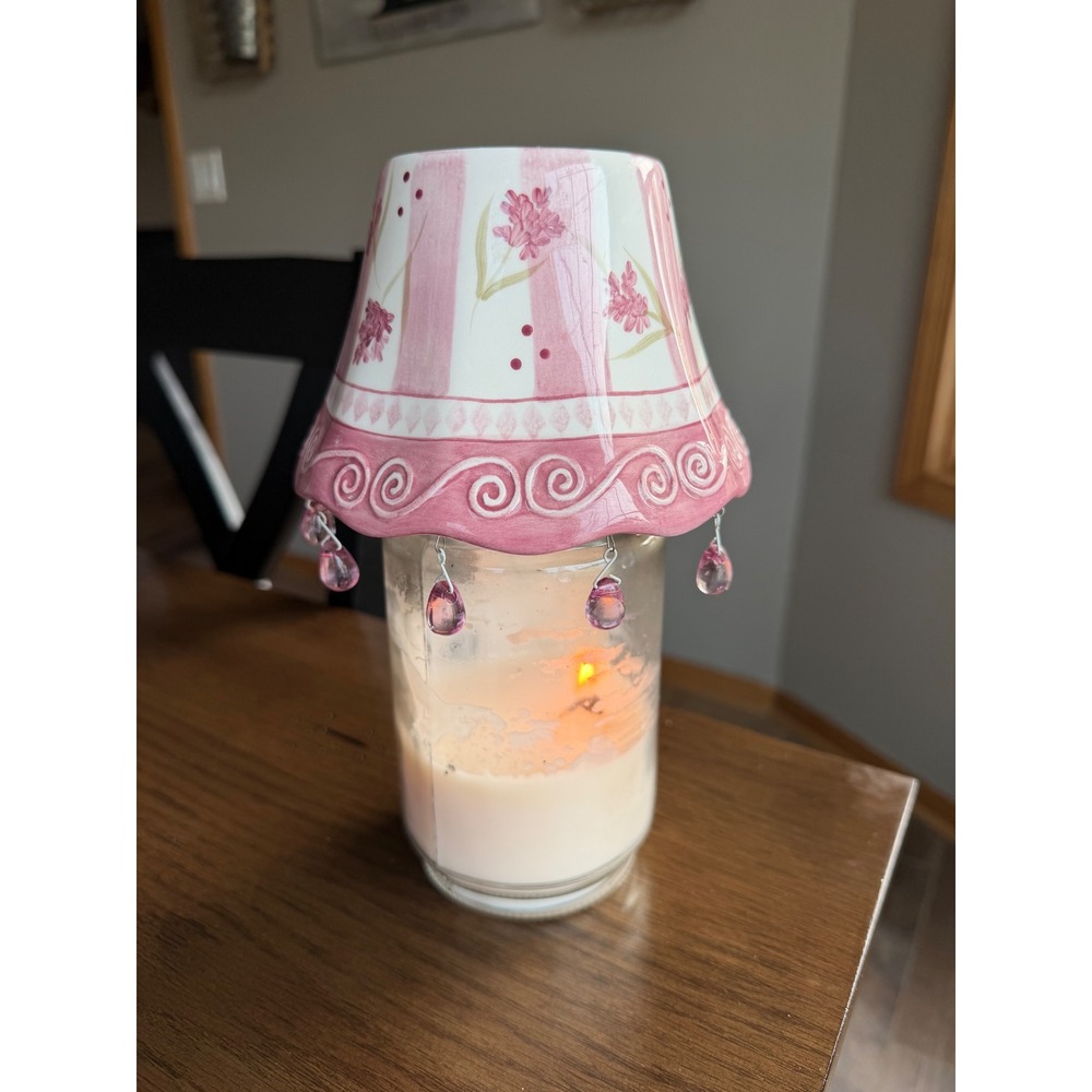 Home Interiors Purple Floral Ceramic Jar Candle Shade with Purple Glass Beads